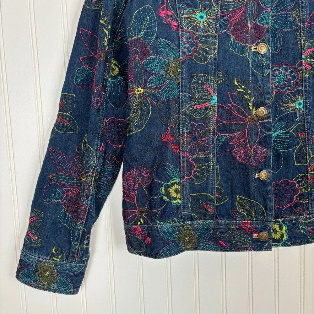 Boho Floral Embroidered Denim Jacket M Hippie Festival Maximalist Artsy Colorful